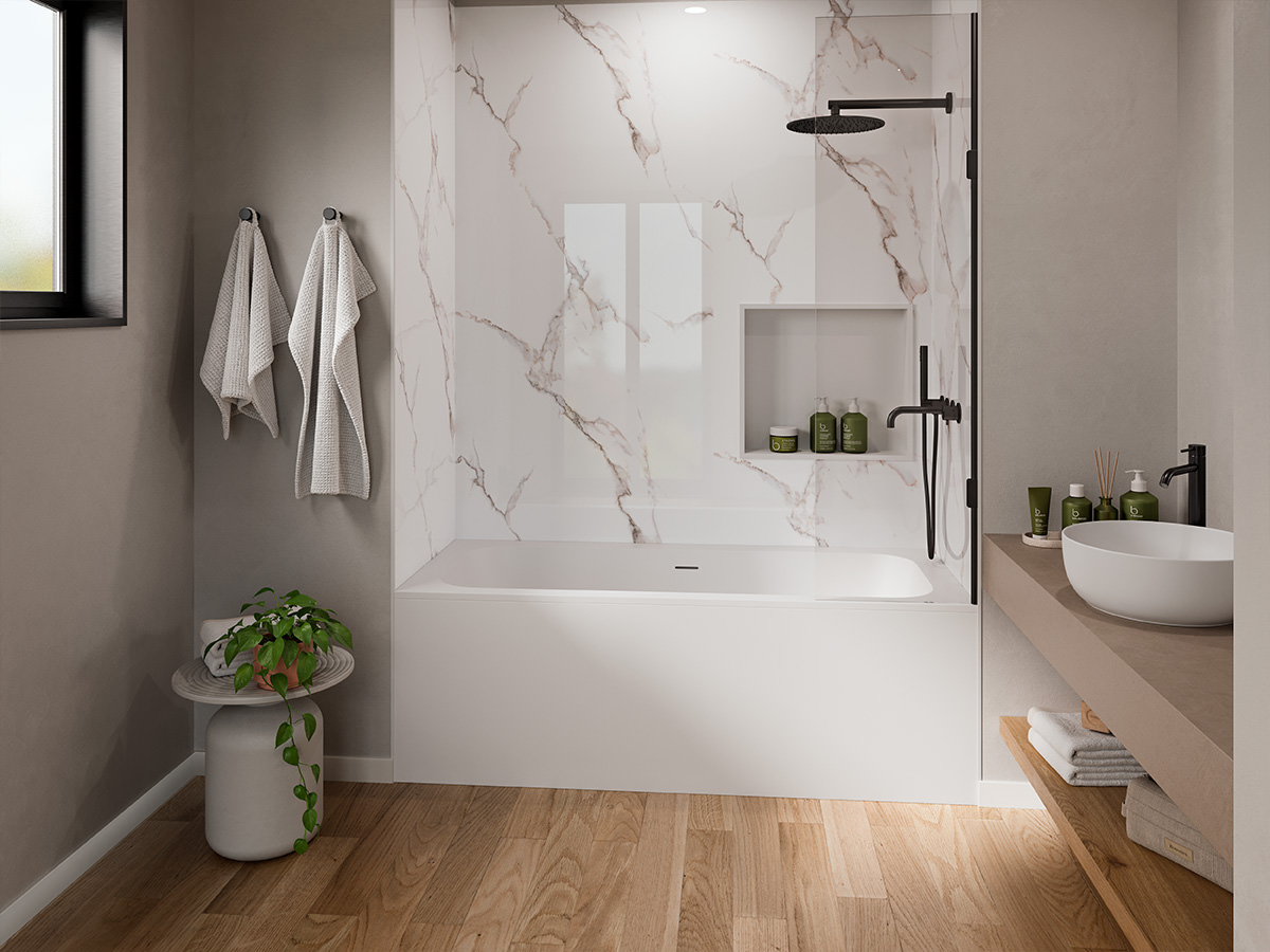Bathroom after renovation with Flexpanels Rome wall panels